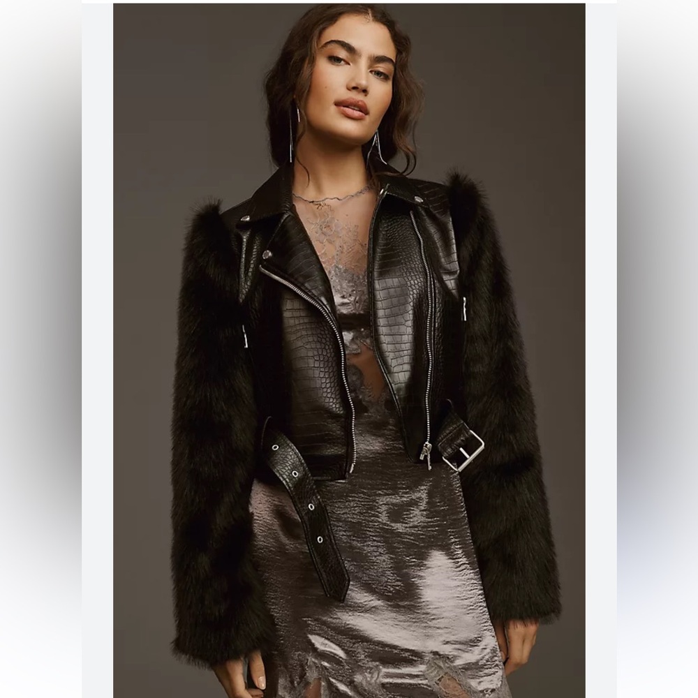 Avec Les Filles Black Faux Leather Jacket with Fur Sleeves
